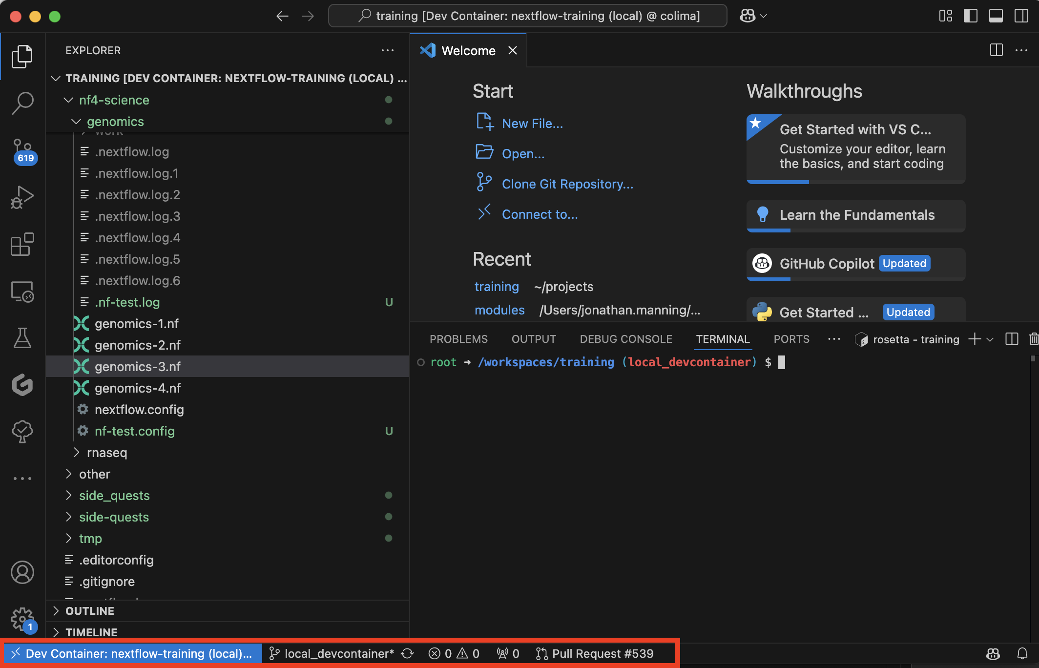 VS Code with devcontainer running